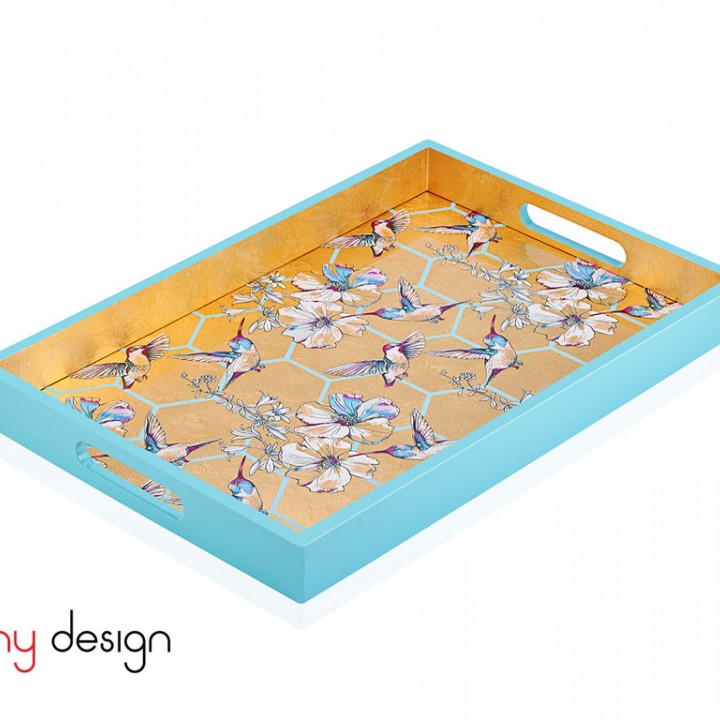 Blue rectangle lacquer tray with hummingbird pattern 30*45*4.5 cm